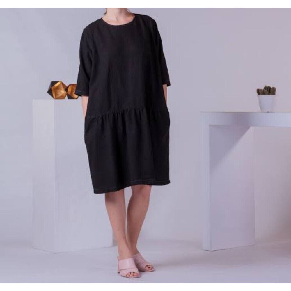 Saks Fifth Avenue Sheath Midi Dress Modest Oversize 3/4 Sleeves BLACK